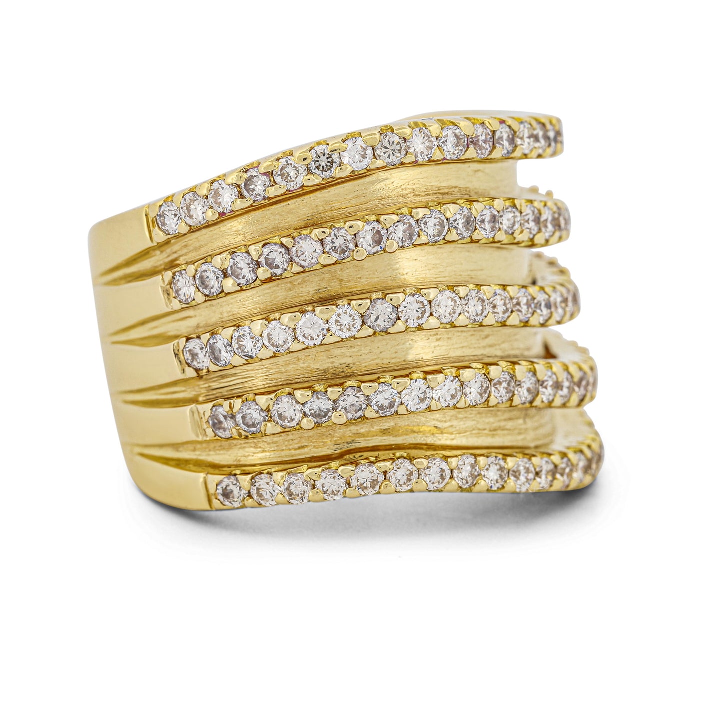 18K Yellow Gold 5-Row Diamond Wave Ring 1.55 ctw Fashion Statement Wide Band