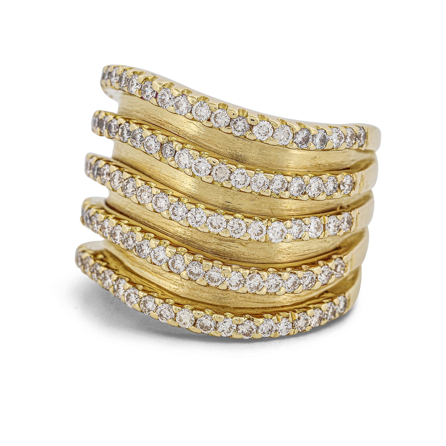 18K Yellow Gold 5-Row Diamond Wave Ring 1.55 ctw Fashion Statement Wide Band