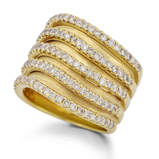 18K Yellow Gold Diamond Wave Ring 1.55ct Brushed Polished Statement Band