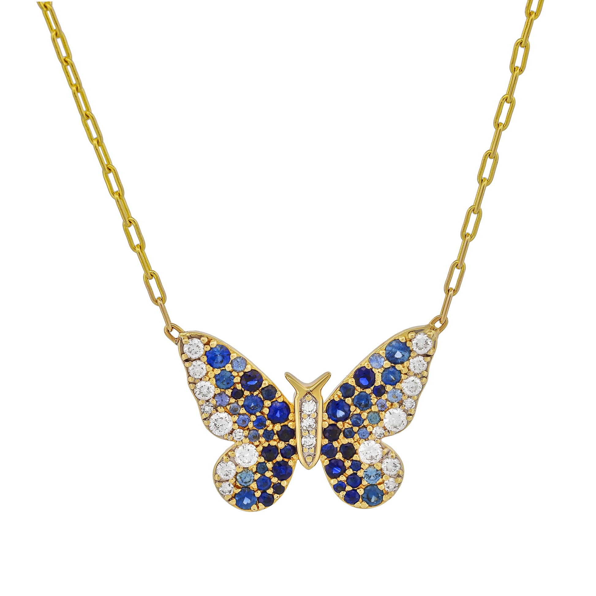 Diamond Sapphire Butterfly Pendant Necklace in 14k Yellow Gold