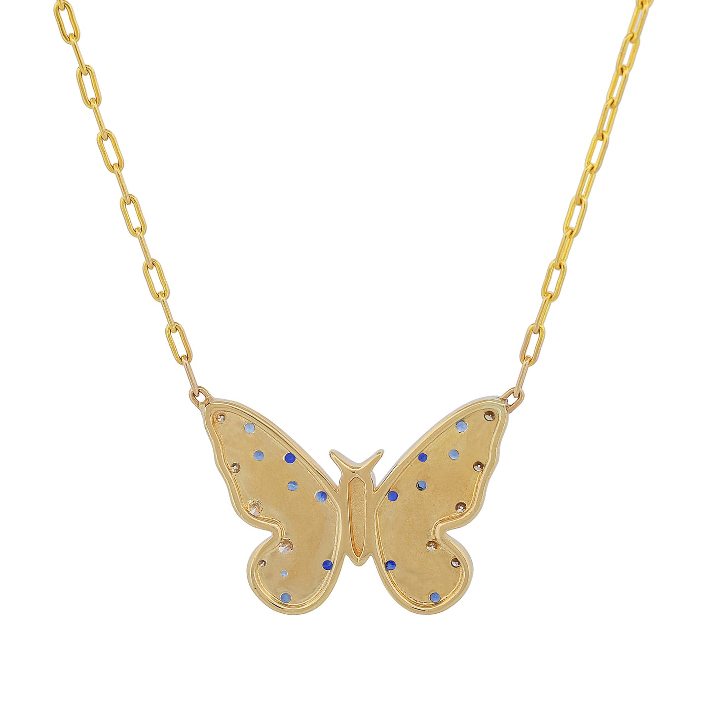 Diamond Sapphire Butterfly Pendant Necklace in 14k Yellow Gold