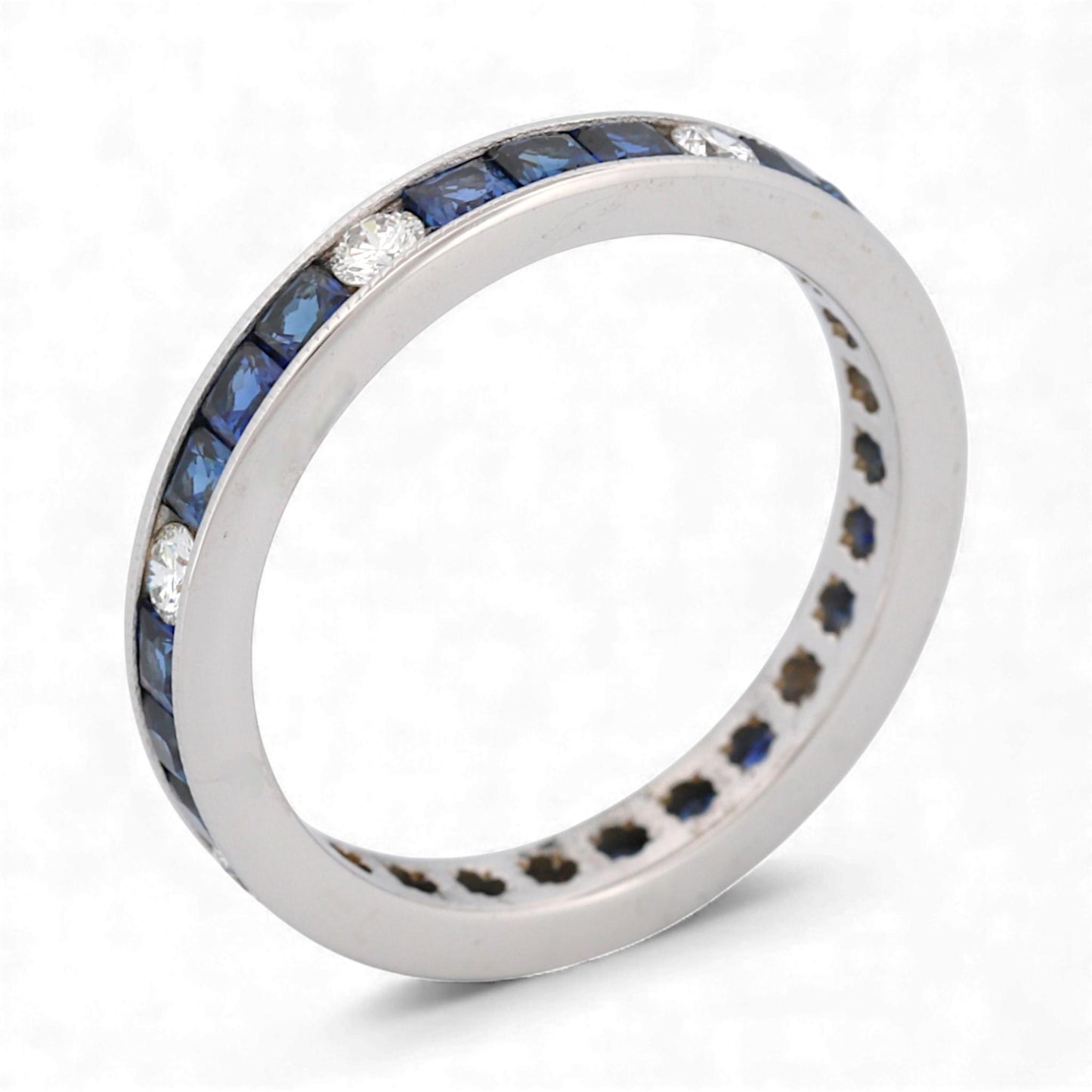 18K White Gold Blue Sapphire & Diamond Milgrain Anniversary Band 1.40ct Size 7