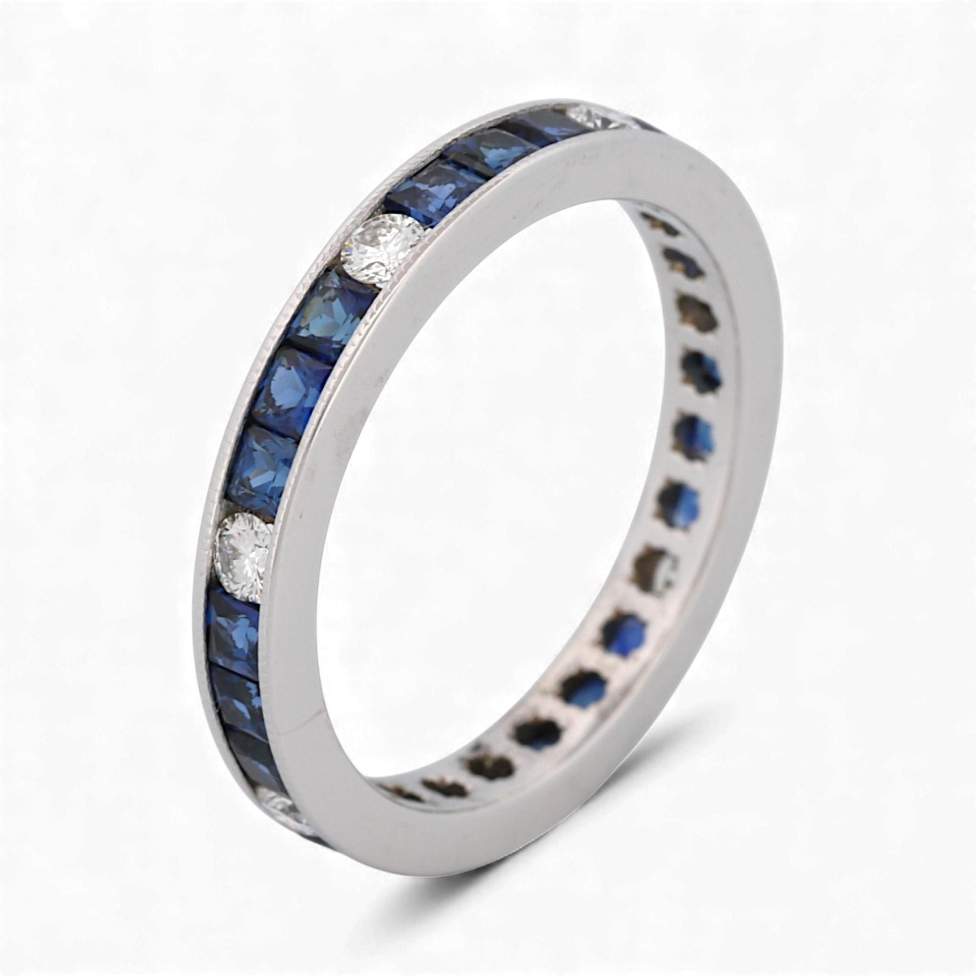 18K White Gold Blue Sapphire & Diamond Milgrain Anniversary Band 1.40ct Size 7