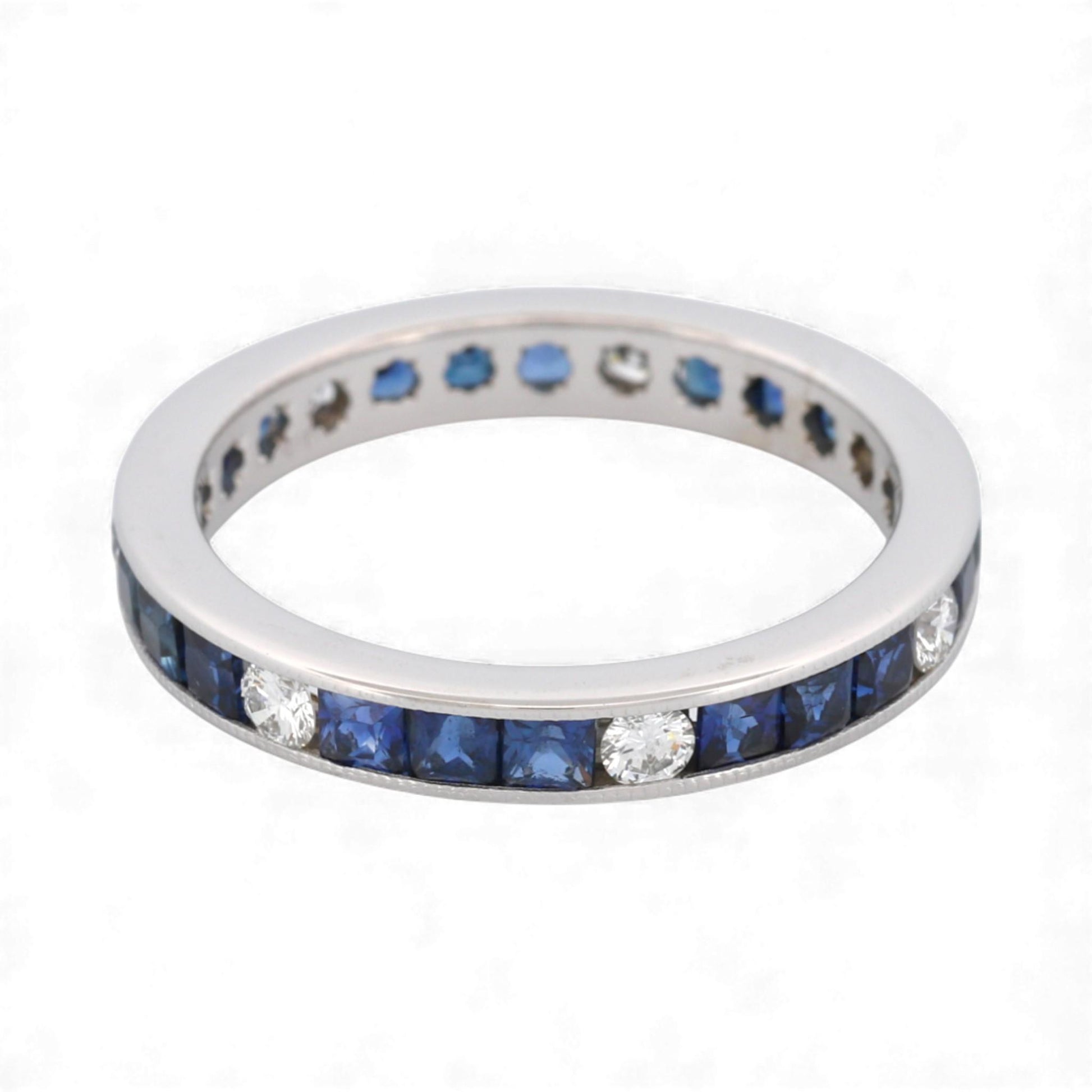 18K White Gold Blue Sapphire & Diamond Milgrain Anniversary Band 1.40ct Size 7