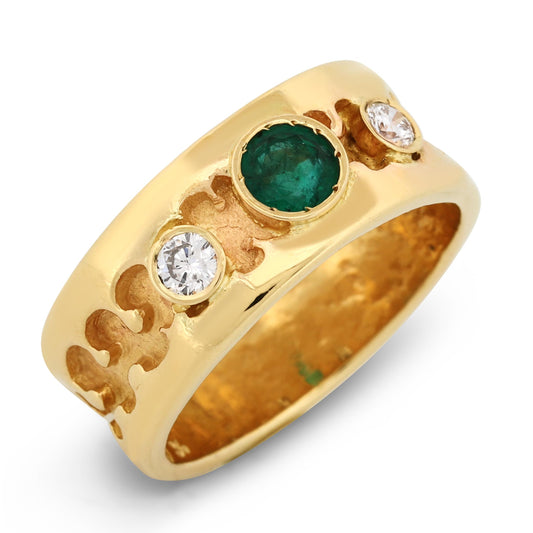 Vivid Green Emerald & Diamond Band Ring in 14k Yellow Gold