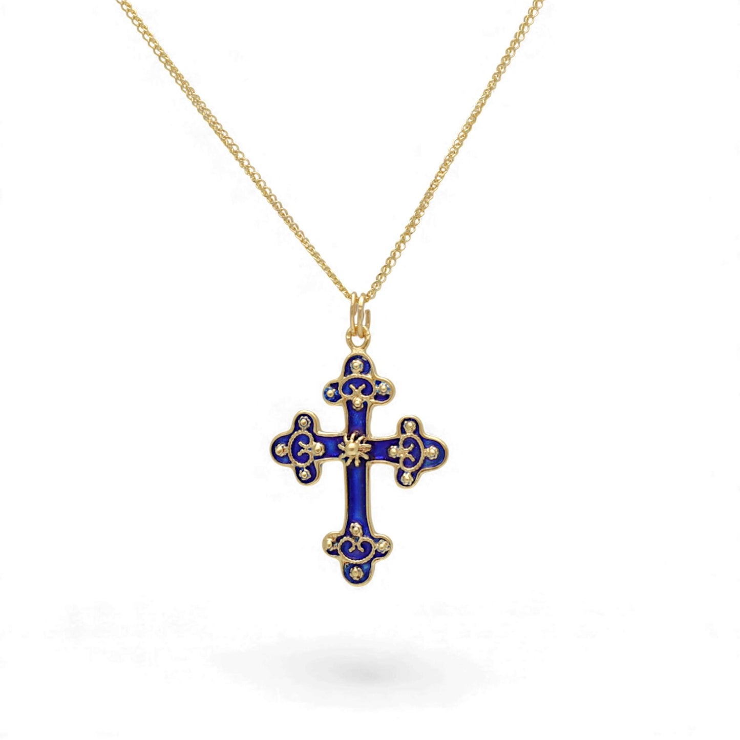 Vintage Blue Enamel Cross Necklace in 14k Yellow Gold 16 Inch