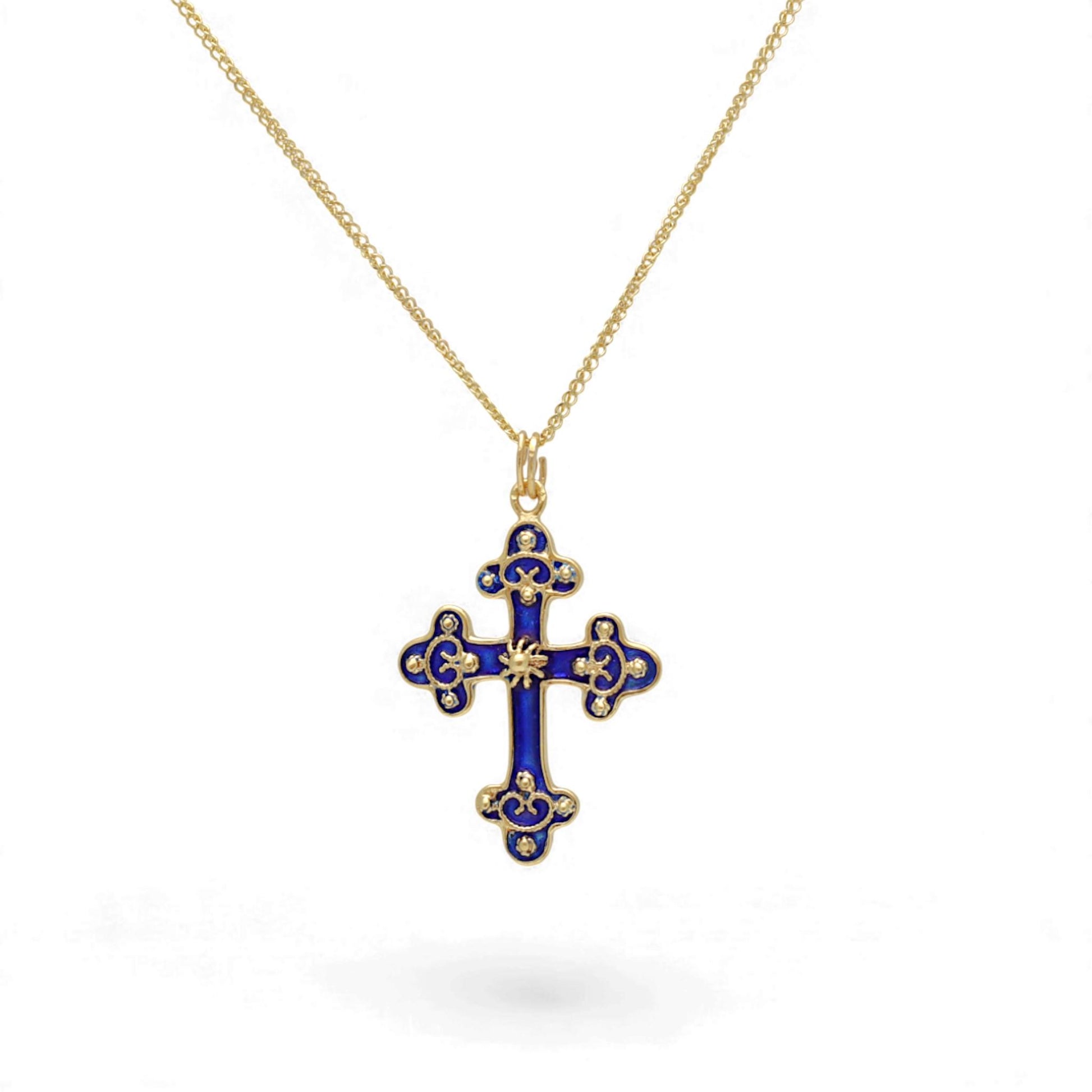 Vintage Blue Enamel Cross Necklace in 14k Yellow Gold 16 Inch