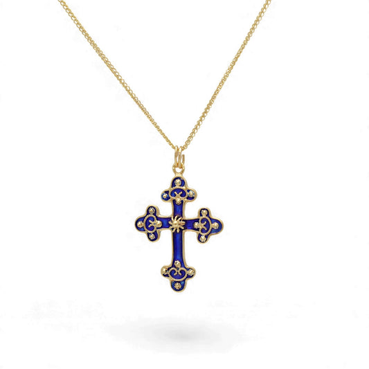 Vintage Blue Enamel Cross Necklace in 14k Yellow Gold 16 Inch