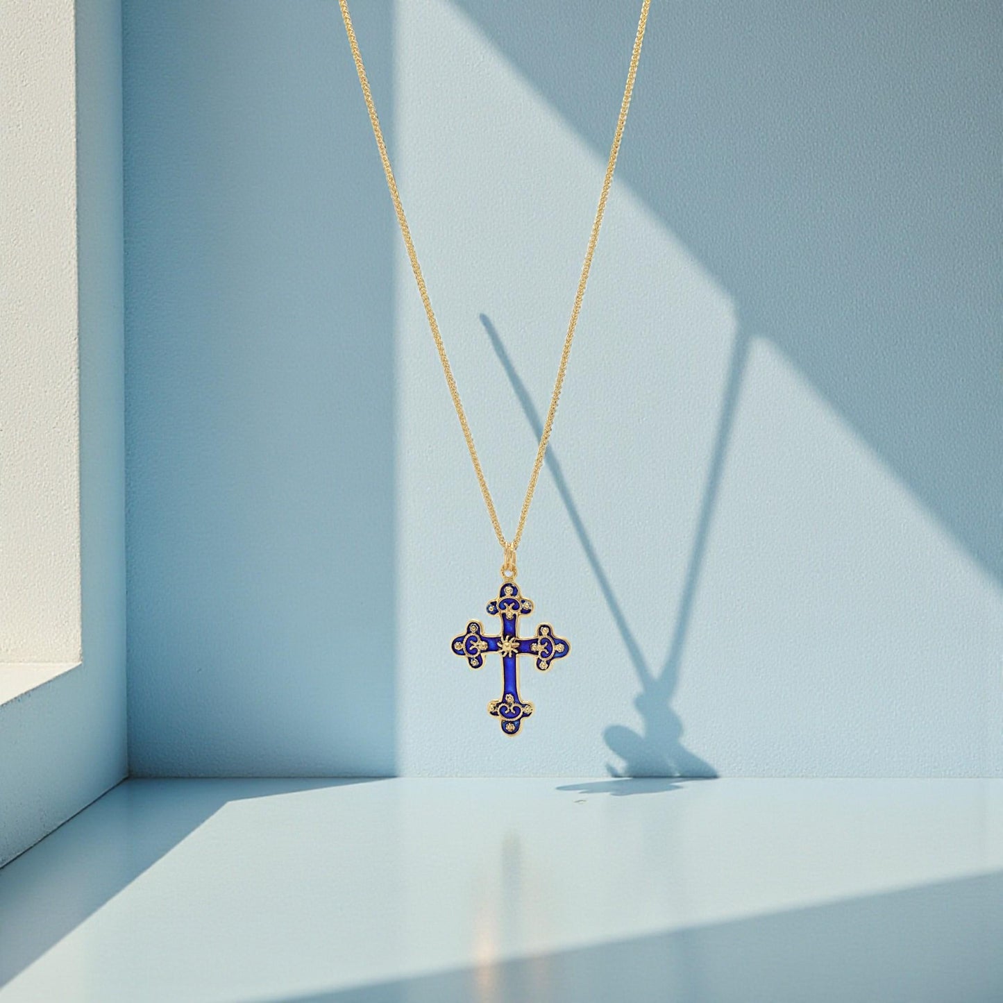 Vintage Blue Enamel Cross Necklace in 14k Yellow Gold 16 Inch