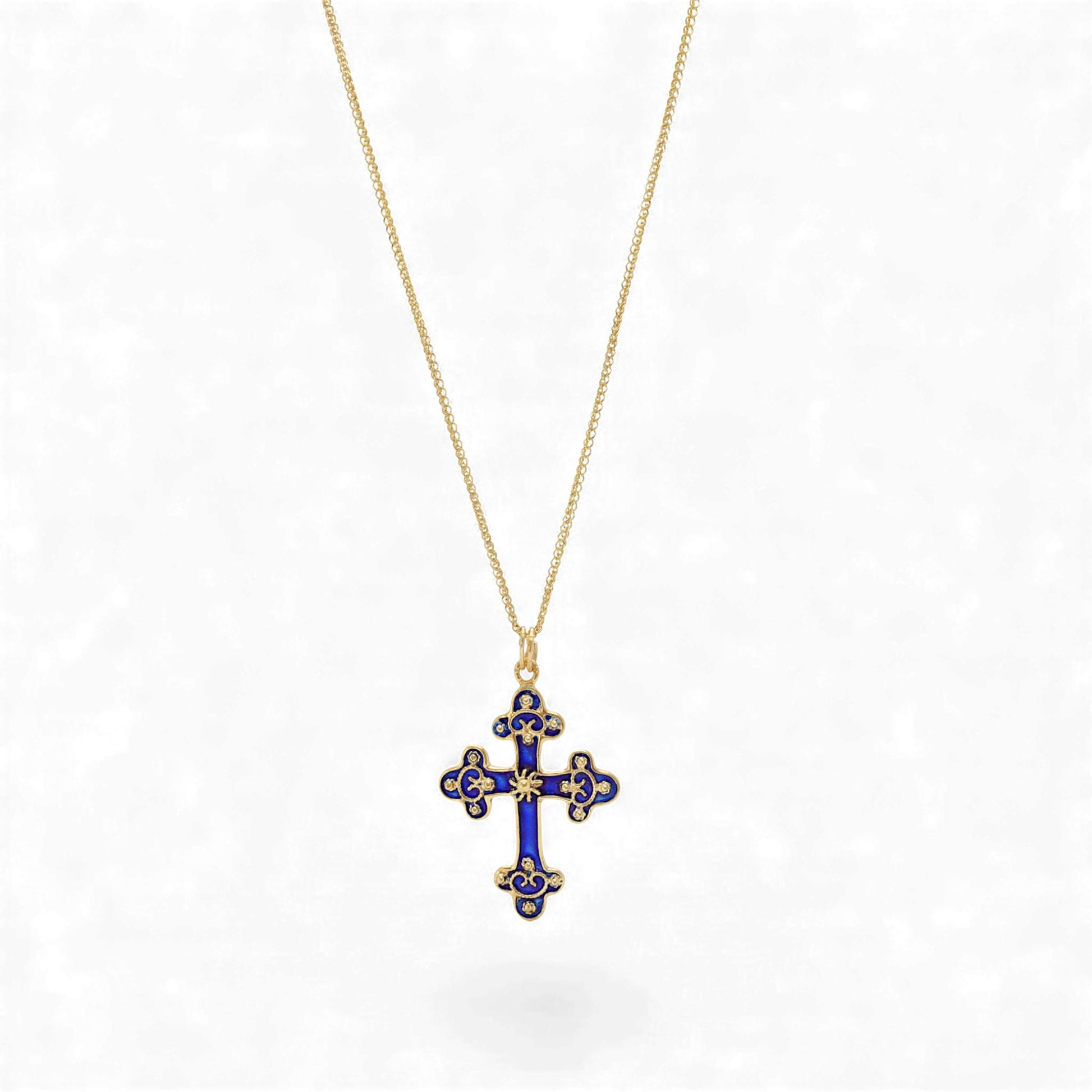 Vintage Blue Enamel Cross Necklace in 14k Yellow Gold 16 Inch