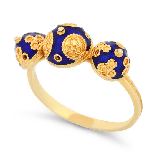 Handmade Grecian Earth Spheres Filigree Ring in 18k Yellow Gold with Blue Enamel