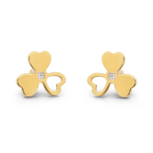 18k Yellow Gold Three-Petal Flower Stud Earrings with Diamond and Screw-Backs