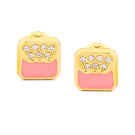 18k Yellow Gold Pink Enamel and CZ Stud Earrings with Screw-Backs - New