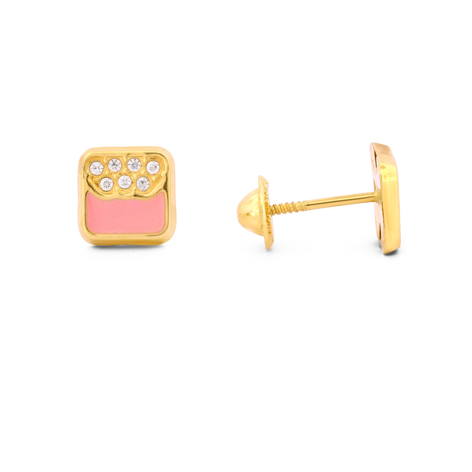 18k Yellow Gold Pink Enamel and CZ Stud Earrings with Screw-Backs - New