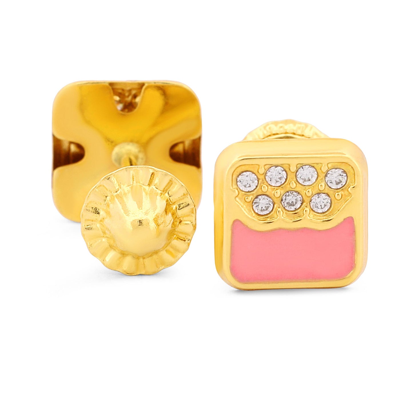 18k Yellow Gold Pink Enamel and CZ Stud Earrings with Screw-Backs - New