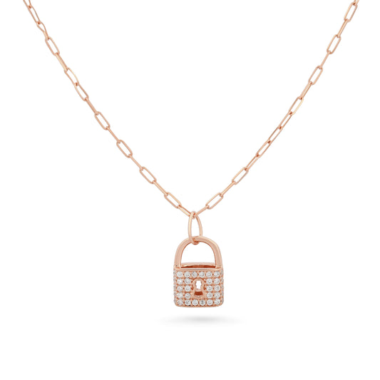 14k Rose Gold Chain with Pave CZ Padlock Charm Pendant