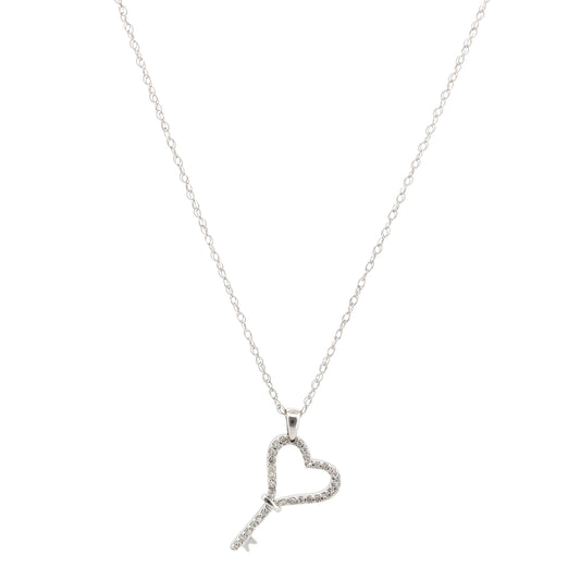 14k White Gold Diamond Heart Key Charm Pendant Necklace