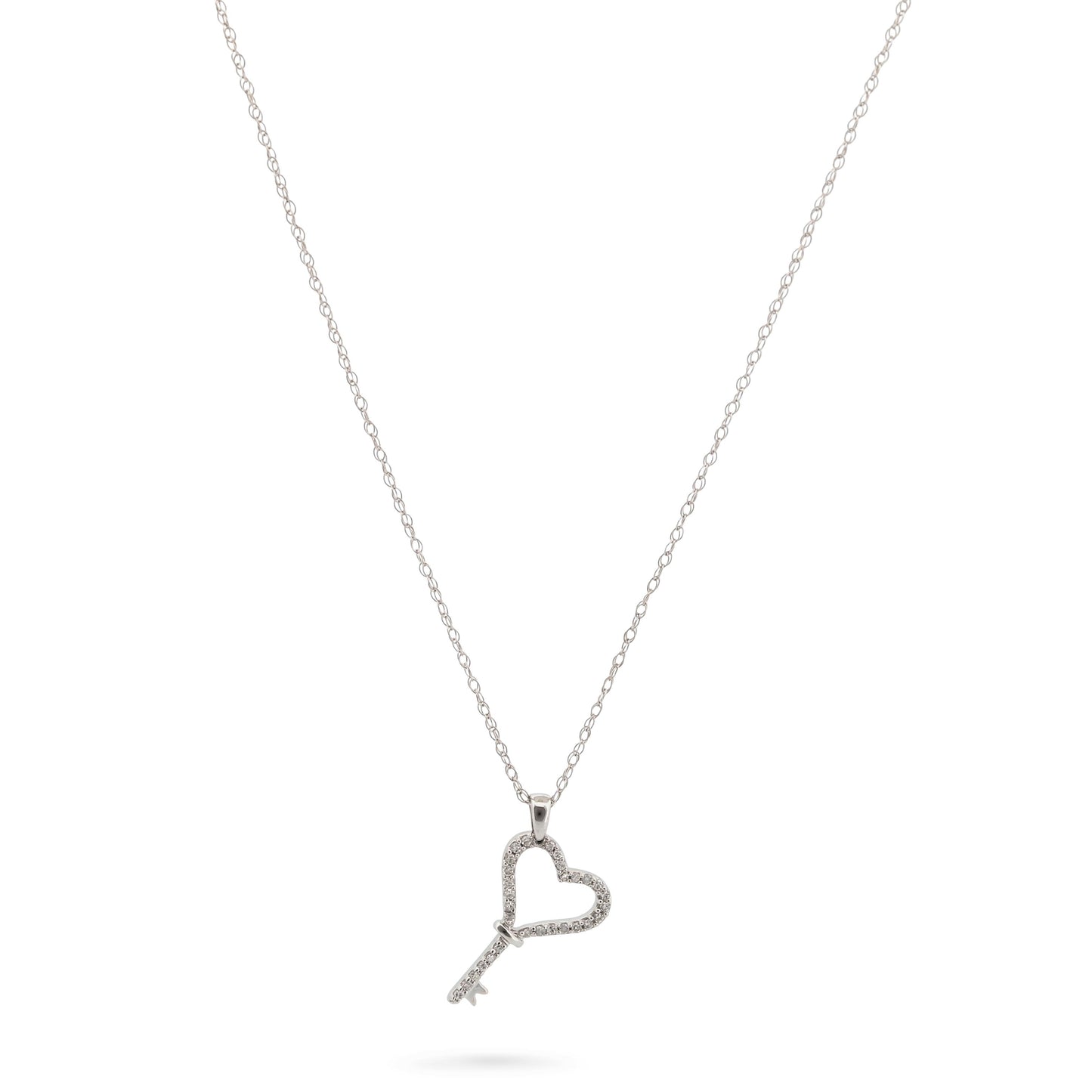 14k White Gold Diamond Heart Key Charm Pendant Necklace