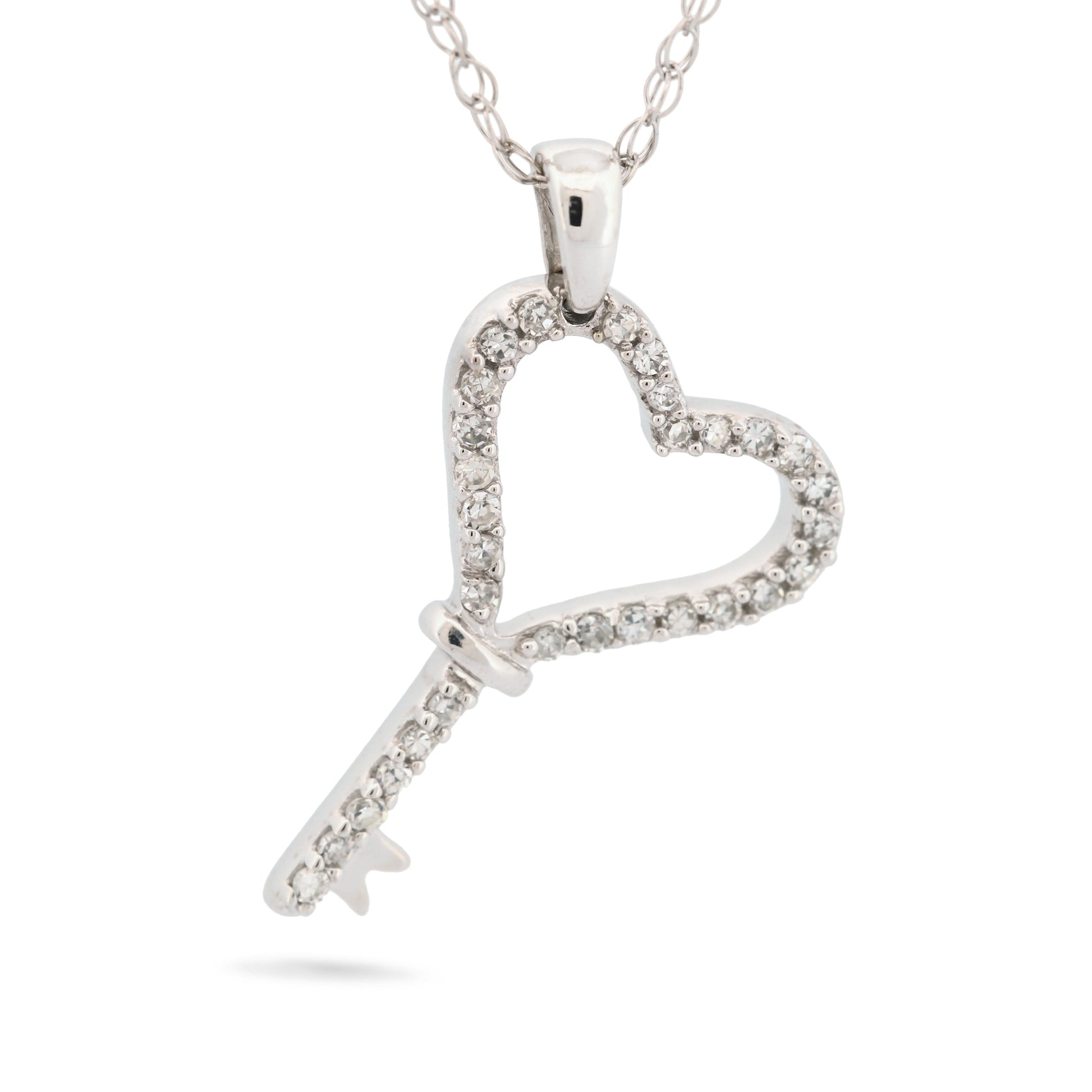 14k White Gold Diamond Heart Key Charm Pendant Necklace