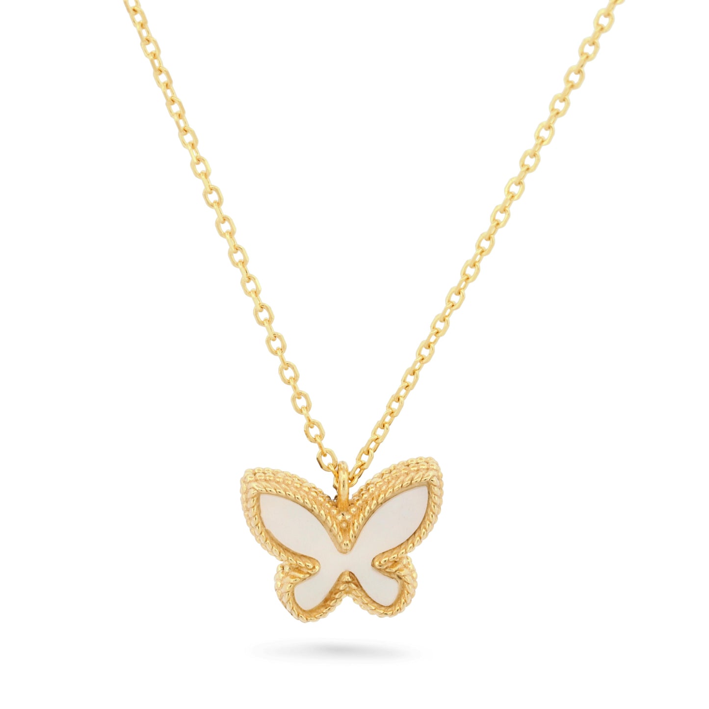 14k Yellow Gold Pink and White Mother of Pearl Mini Butterfly Pendant Necklace