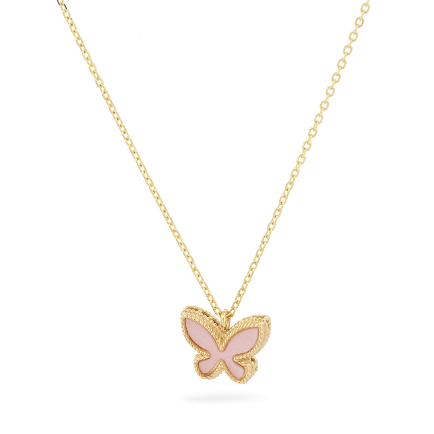 14k Yellow Gold Pink and White Mother of Pearl Mini Butterfly Pendant Necklace