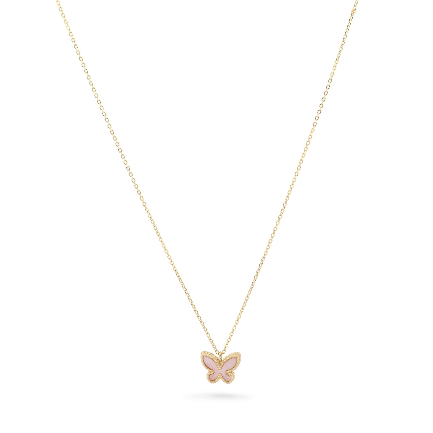 14k Yellow Gold Pink and White Mother of Pearl Mini Butterfly Pendant Necklace