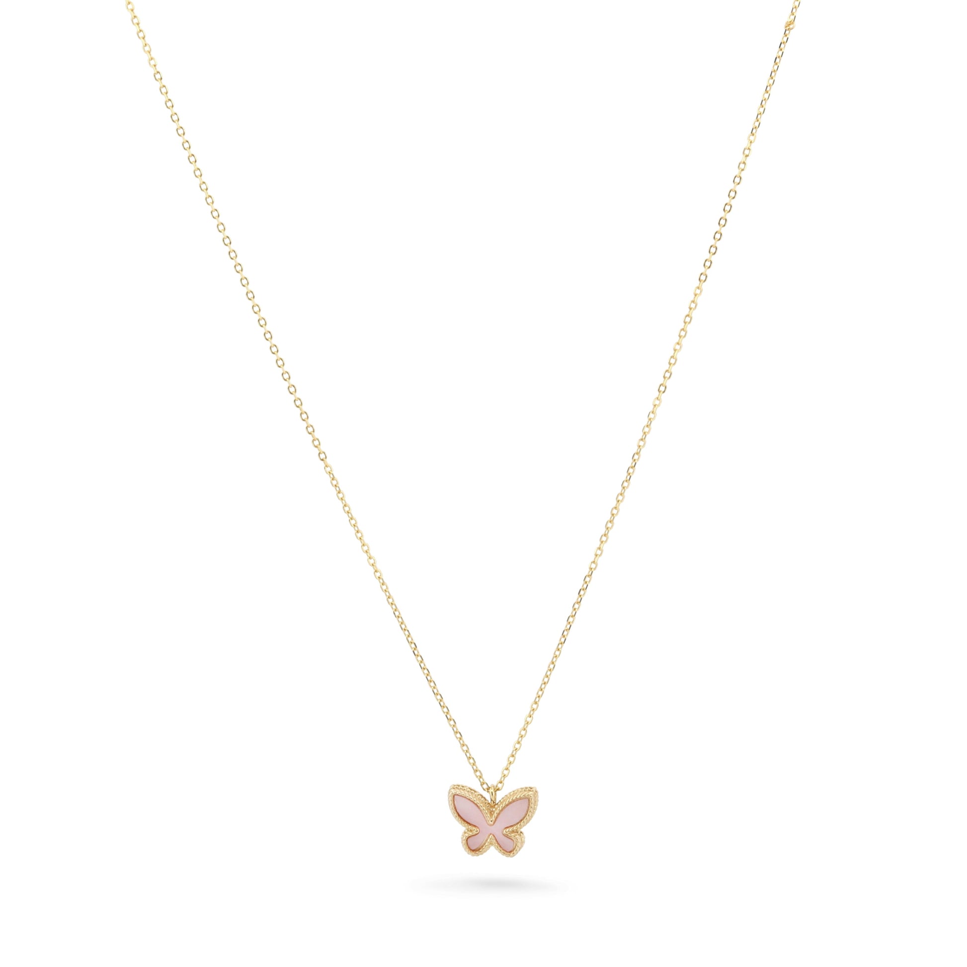 14k Yellow Gold Pink and White Mother of Pearl Mini Butterfly Pendant Necklace