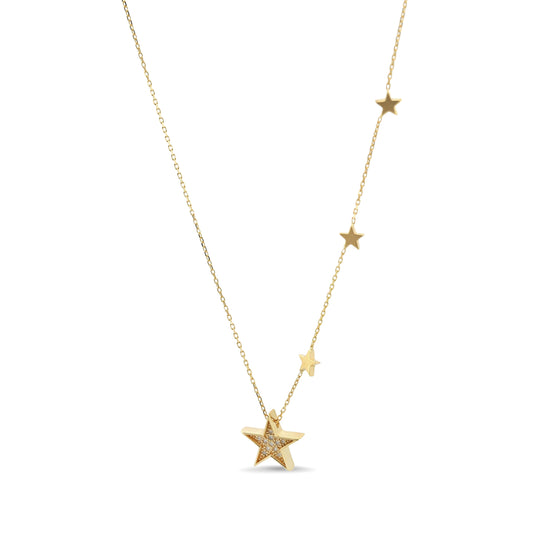 14k Yellow Gold Stars Station Diamond Pendant Necklace