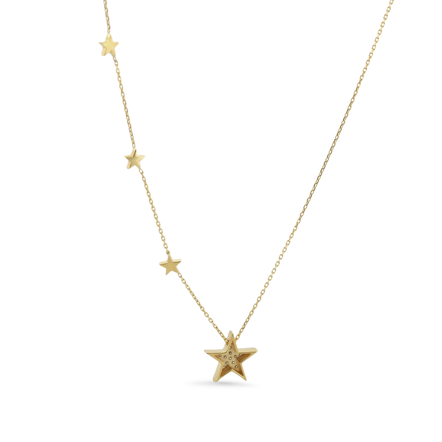 14k Yellow Gold Stars Station Diamond Pendant Necklace