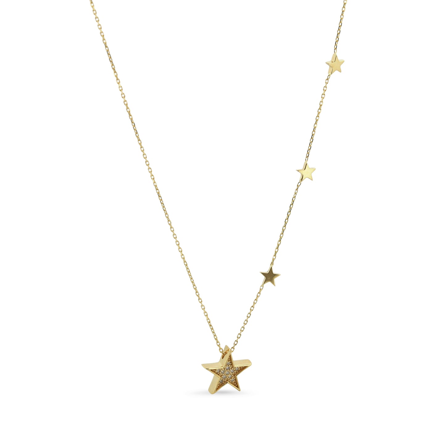 14k Yellow Gold Stars Station Diamond Pendant Necklace