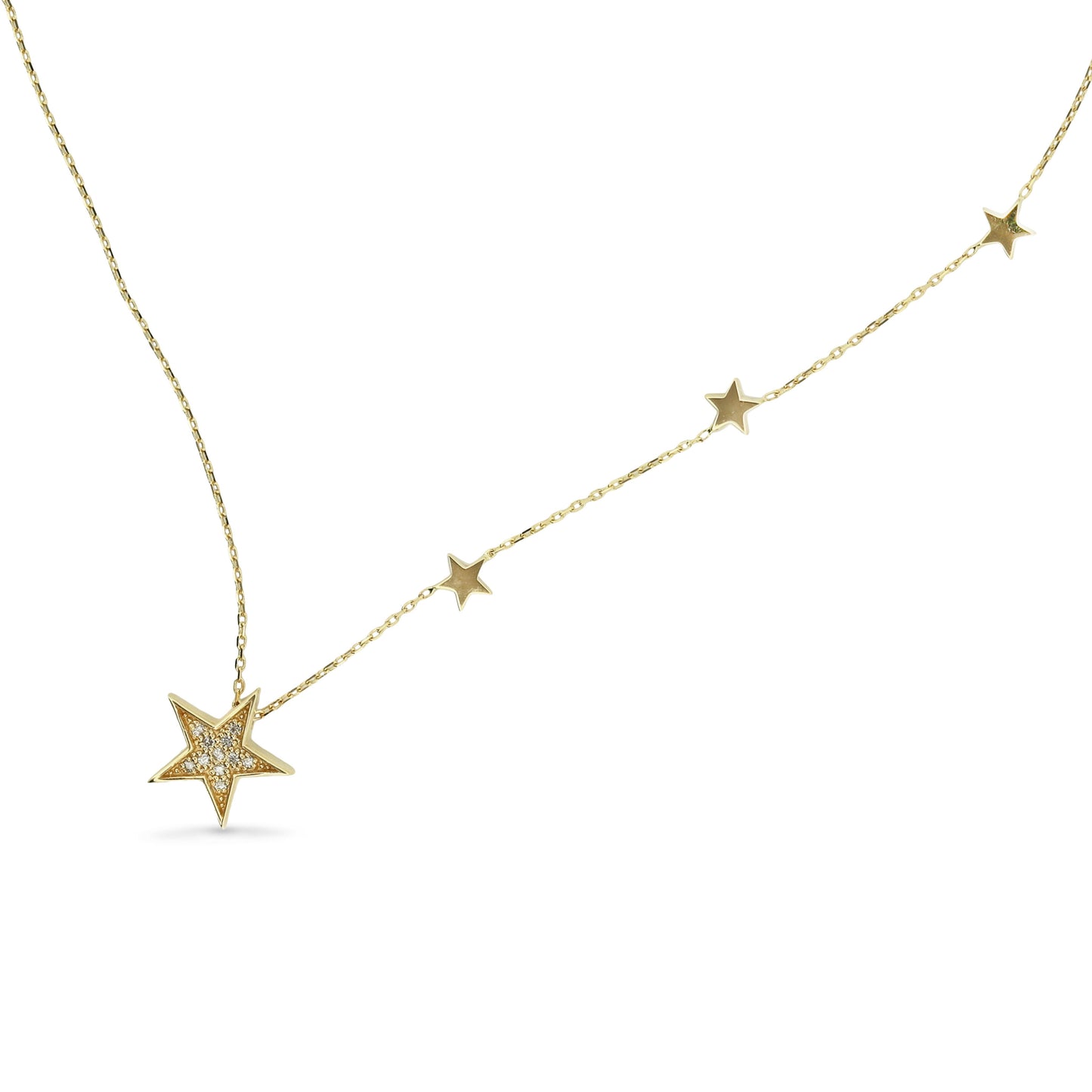 14k Yellow Gold Stars Station Diamond Pendant Necklace