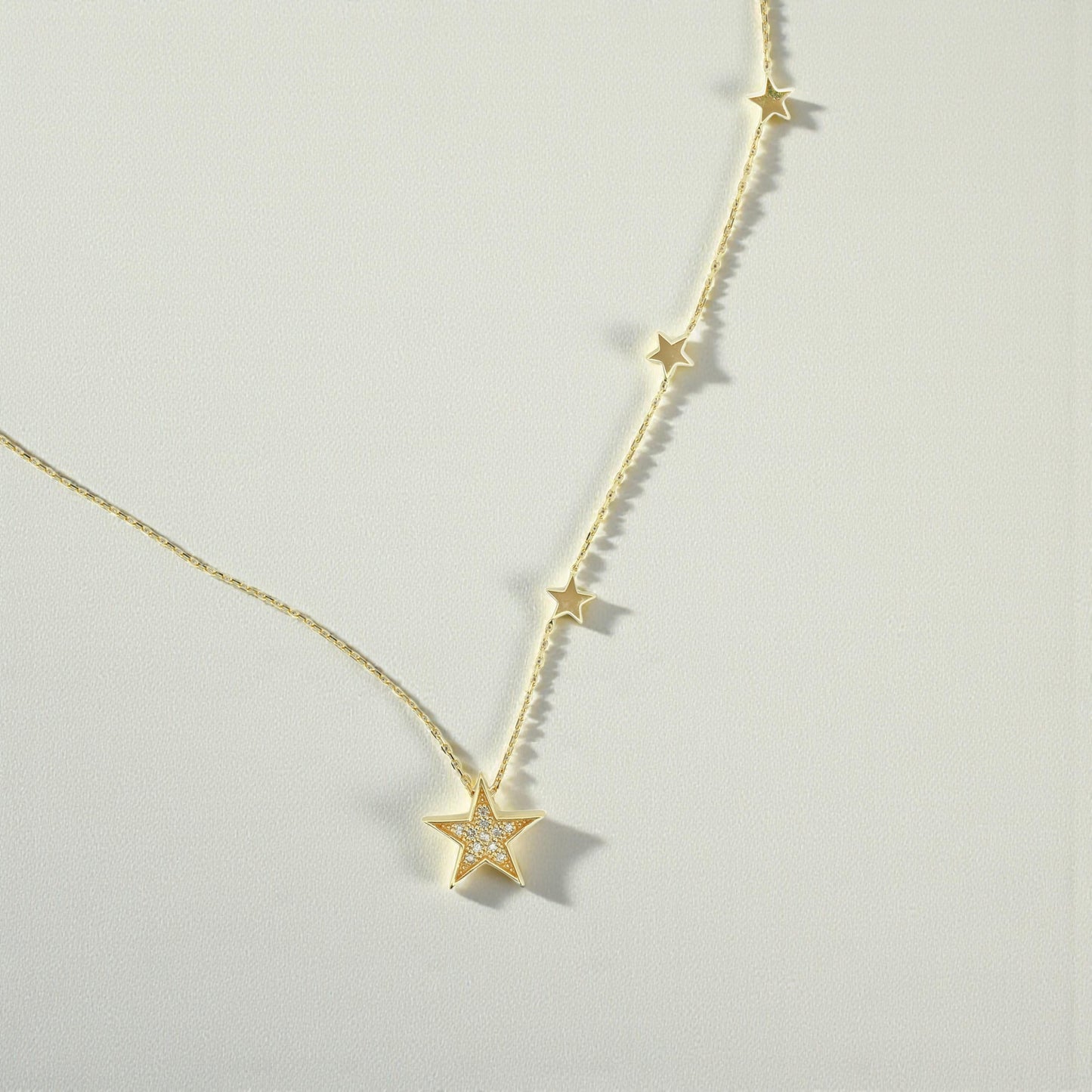 14k Yellow Gold Diamond Star Necklace with Three Star Stations 18 Inch