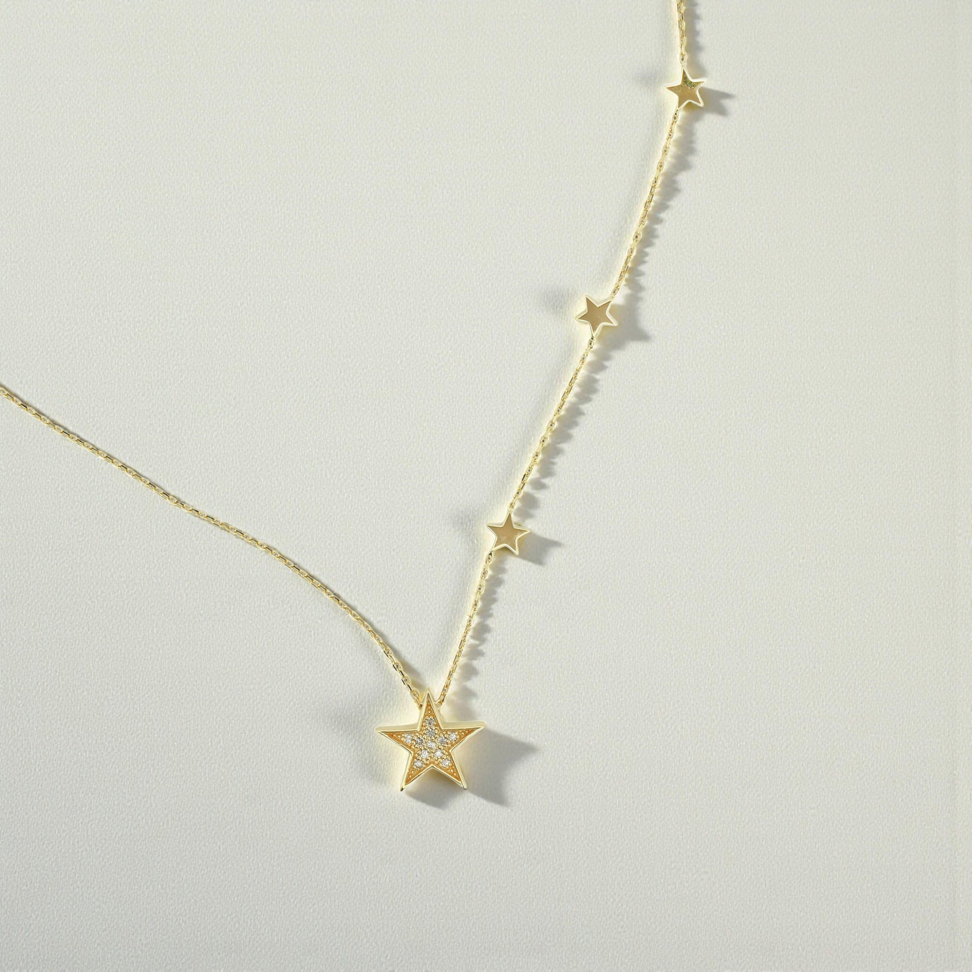 14k Yellow Gold Diamond Star Necklace with Three Star Stations 18 Inch