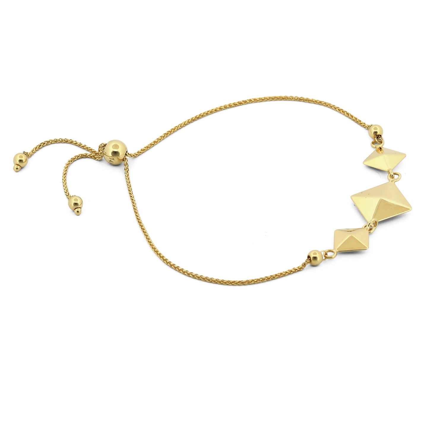 14k Yellow Gold Geometric Pyramid Square Adjustable Chain Bracelet