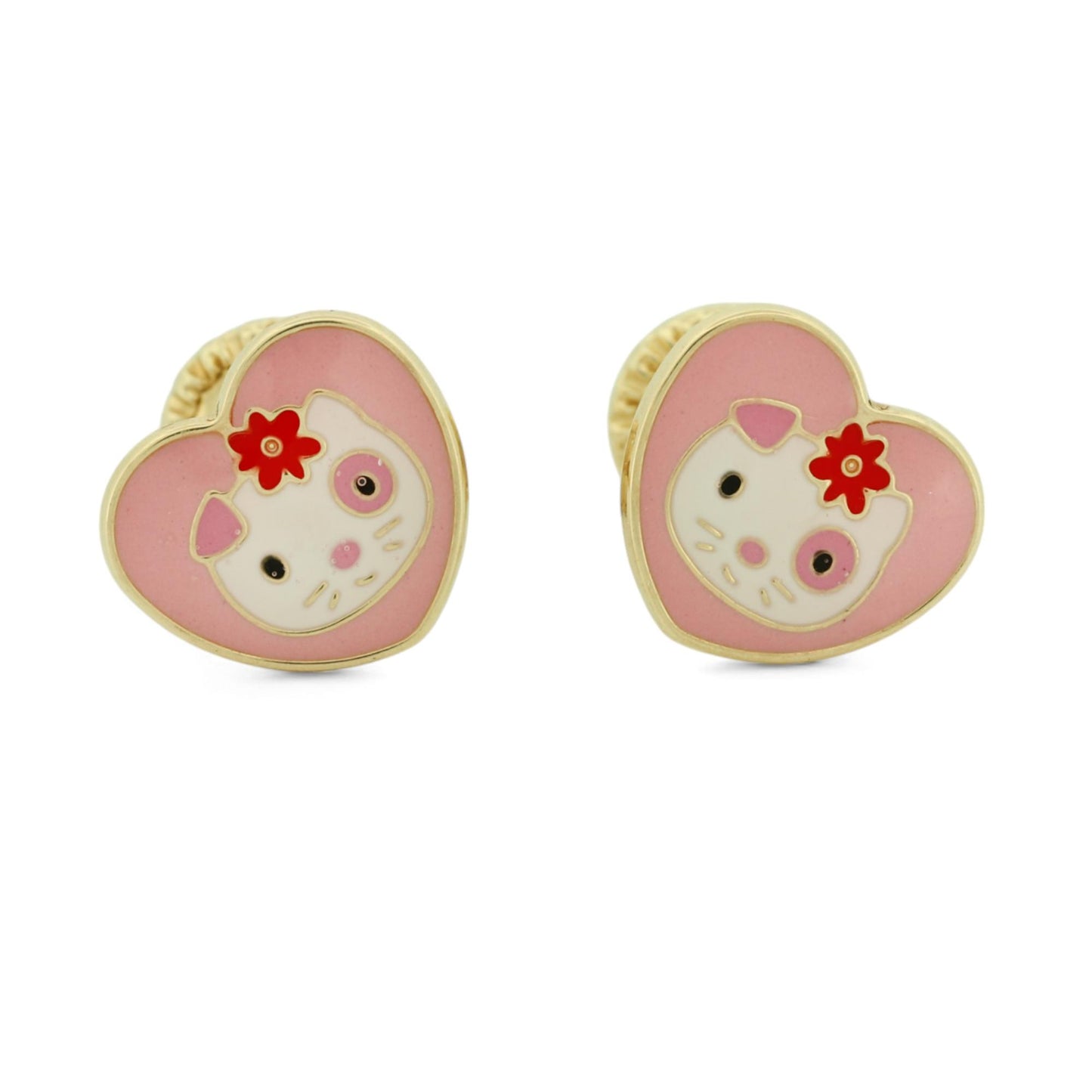 New 14k Yellow Gold and Enamel Hello Kitty Heart Stud Earrings with Screw-Backs