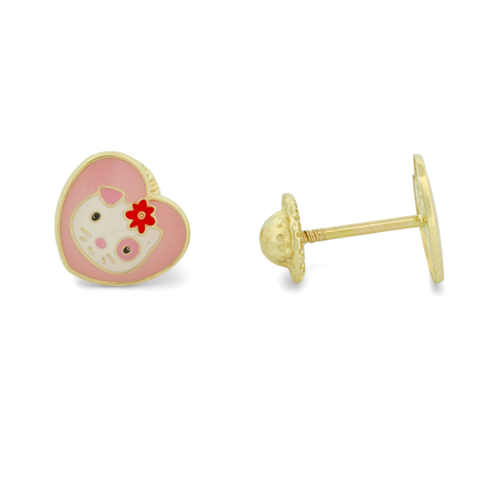 New 14k Yellow Gold and Enamel Hello Kitty Heart Stud Earrings with Screw-Backs