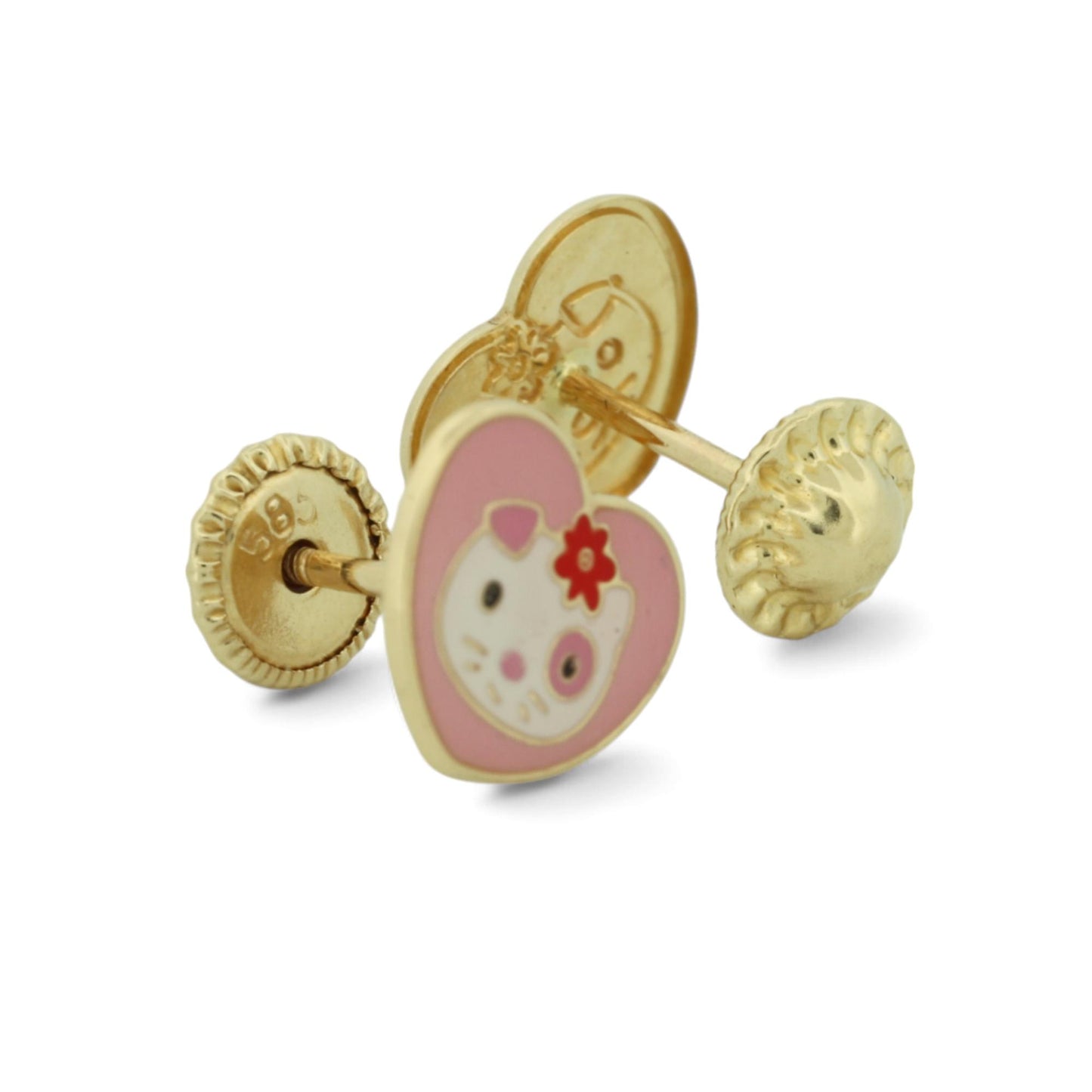 New 14k Yellow Gold and Enamel Hello Kitty Heart Stud Earrings with Screw-Backs