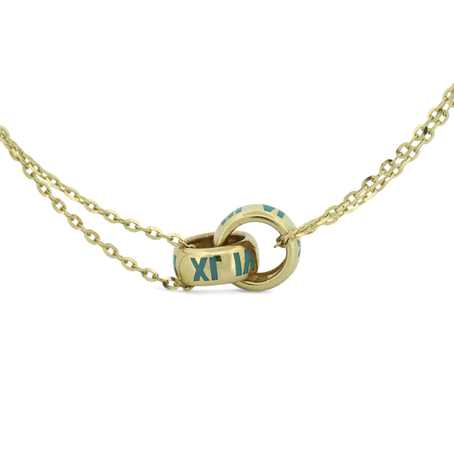 Roman Numeral Blue Enamel Interlocking Rings Necklace in 14k Yellow Gold