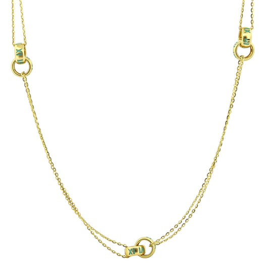 14K Yellow Gold Blue Enamel Roman Numeral Ring Station Necklace Double Chain