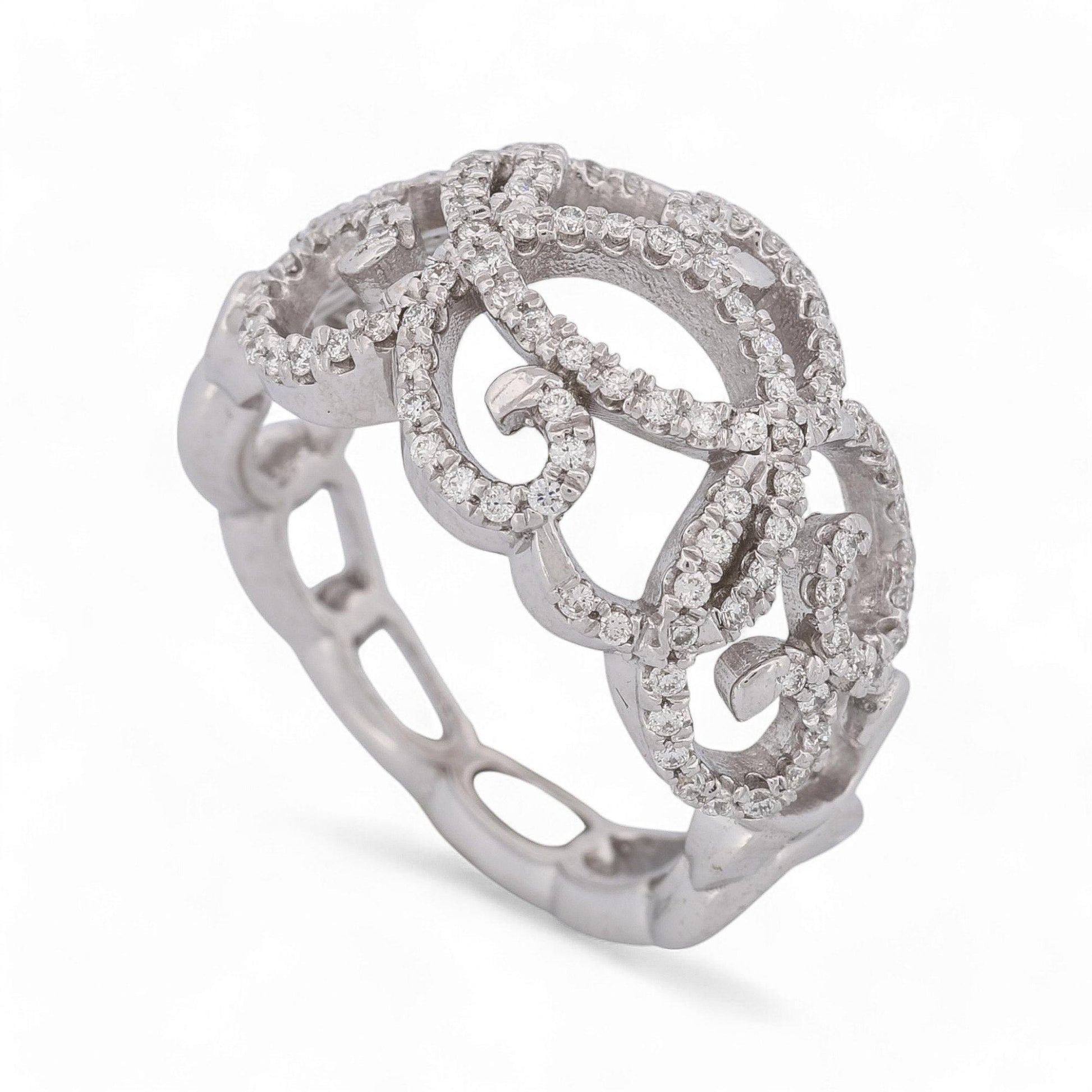 Diamond Openwork Swirl Dome Statement Ring in 14k White Gold