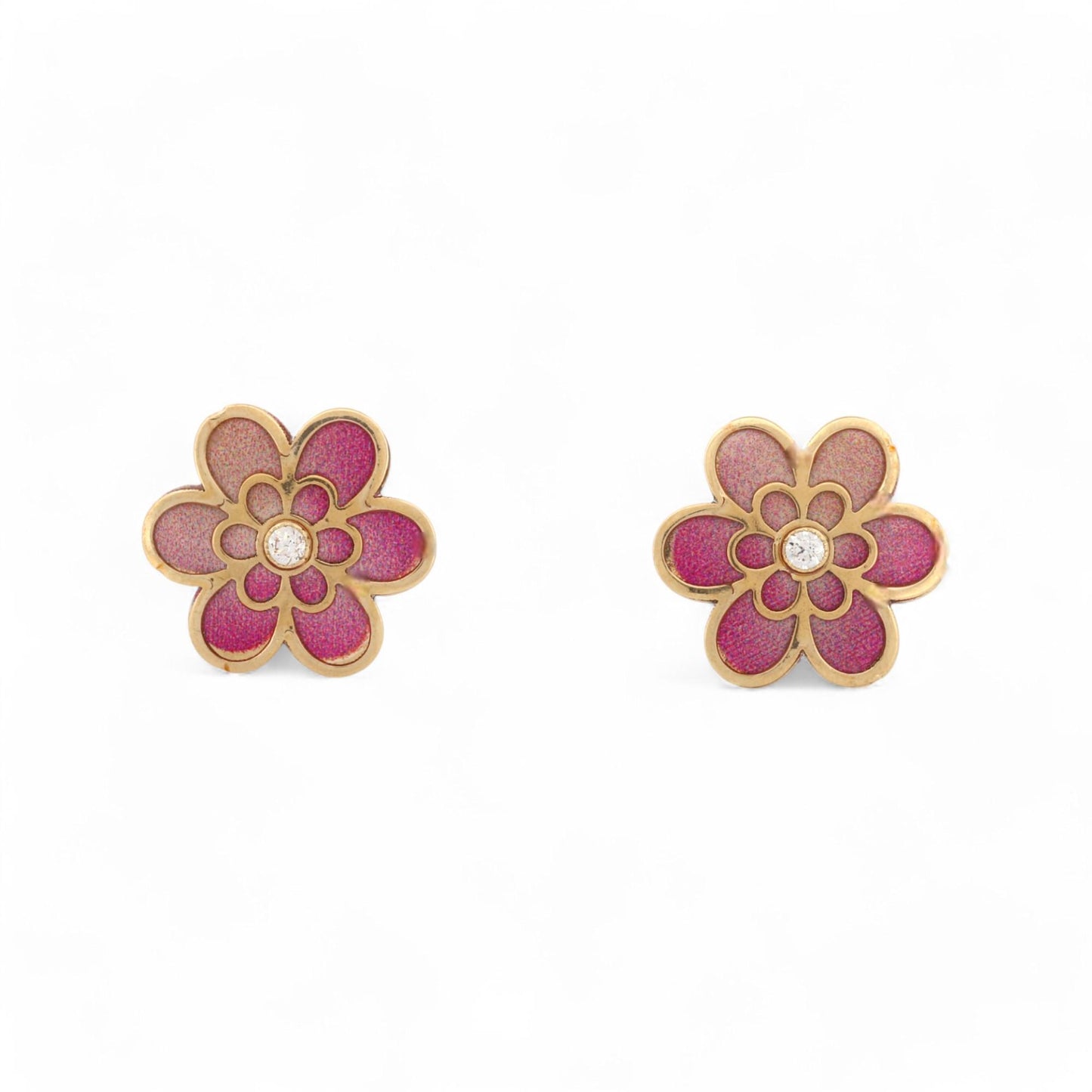 New Pink Enamel Flower Stud Earrings with CZ in 14k Yellow Gold