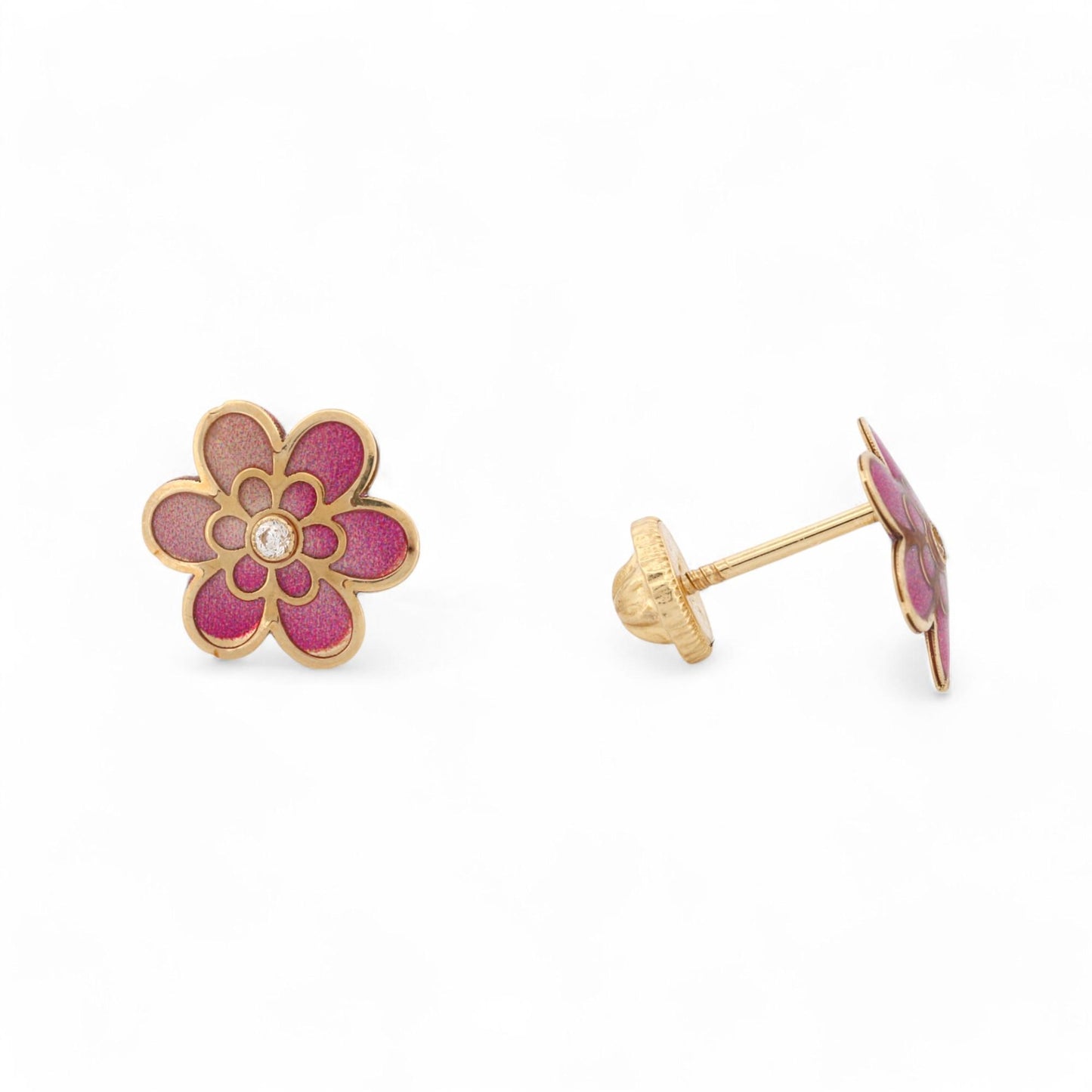 New Pink Enamel Flower Stud Earrings with CZ in 14k Yellow Gold