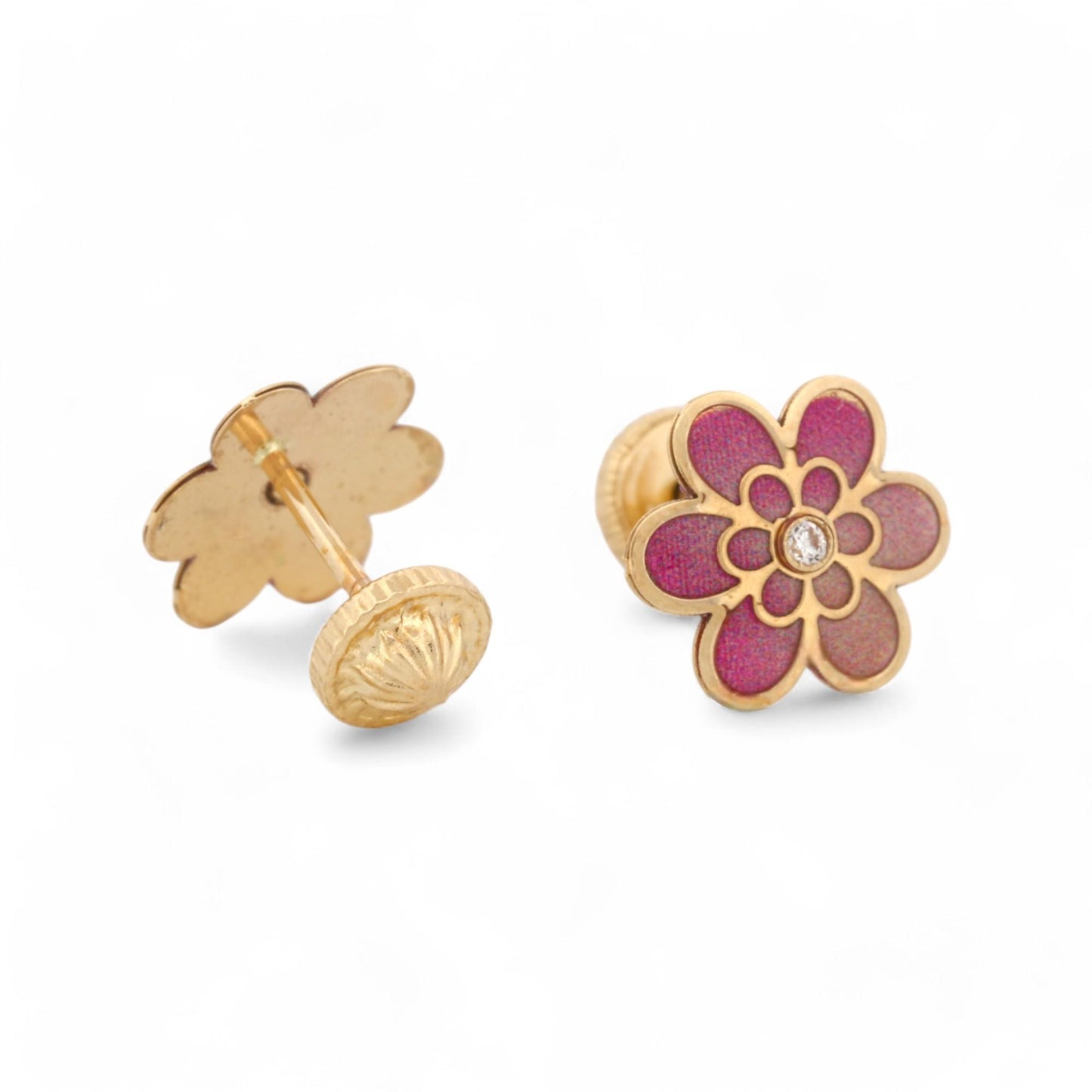 New Pink Enamel Flower Stud Earrings with CZ in 14k Yellow Gold