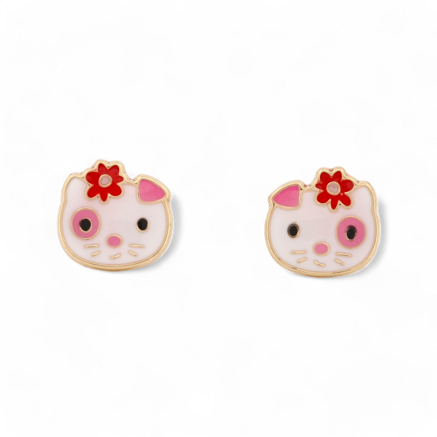 New Hello Kitty Face Stud Earrings in 14k Yellow Gold with Enamel