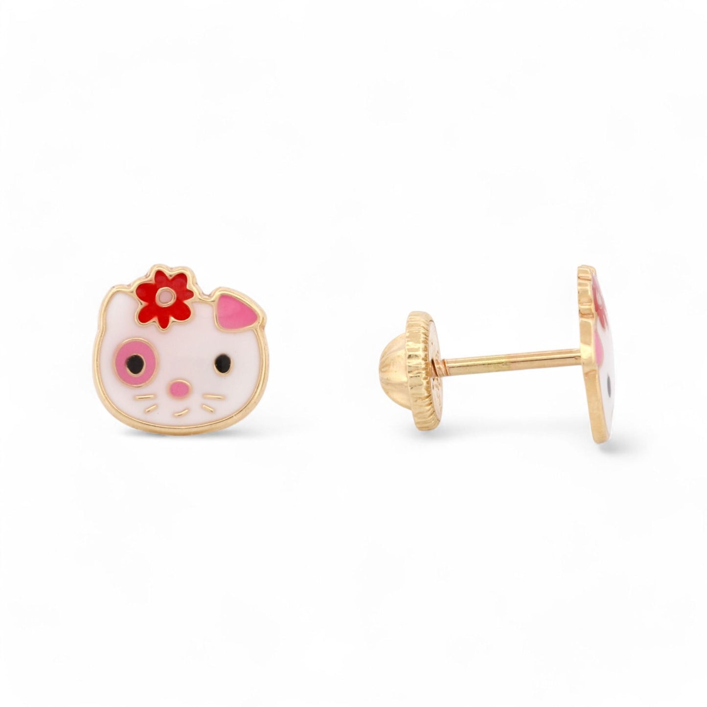 New Hello Kitty Face Stud Earrings in 14k Yellow Gold with Enamel