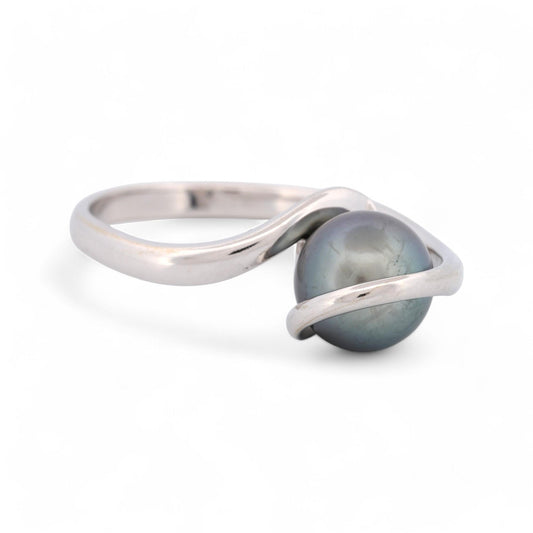 Signed Modern 8mm Tahitian Black Pearl Ring in 18k White Gold