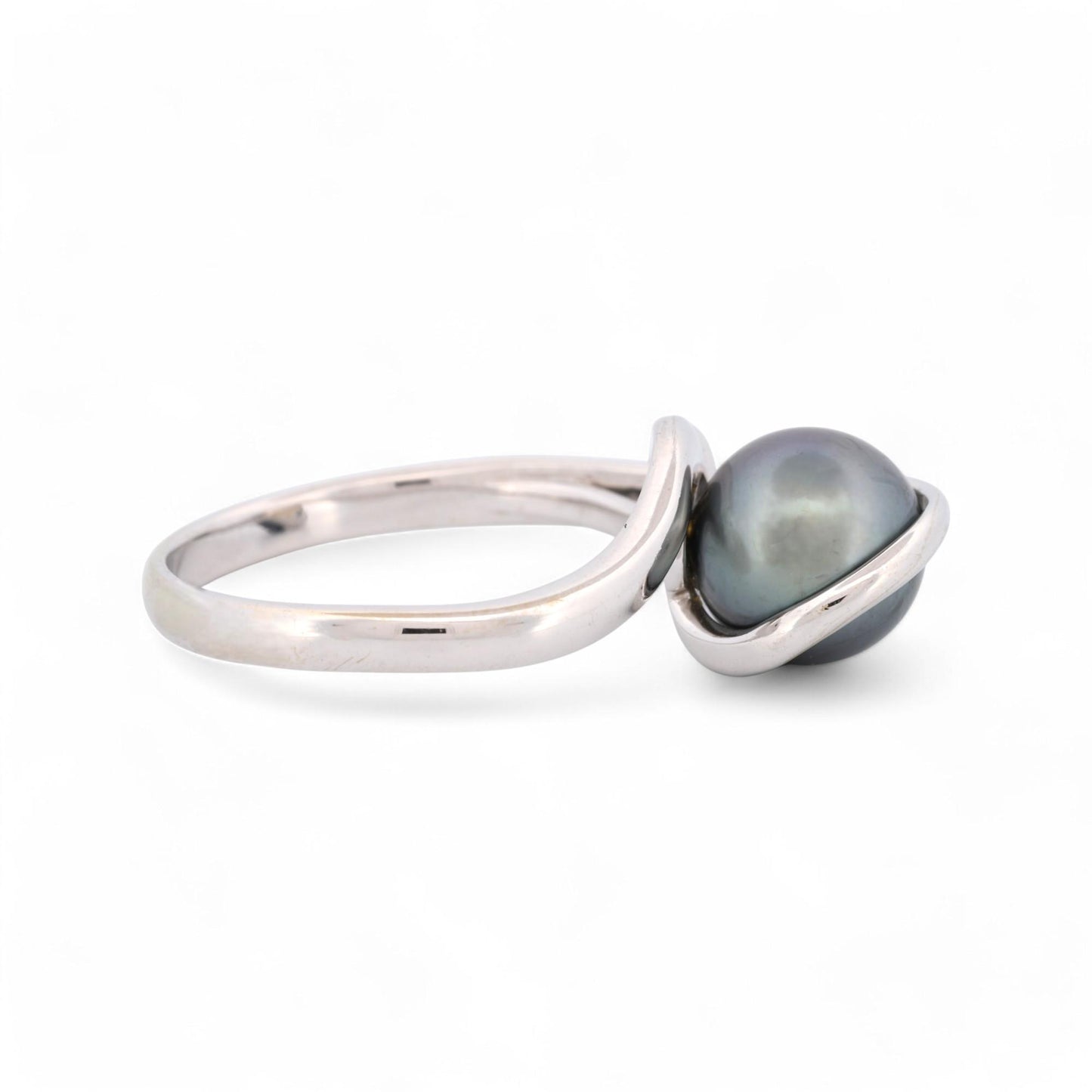 Signed Modern 8mm Tahitian Black Pearl Ring in 18k White Gold