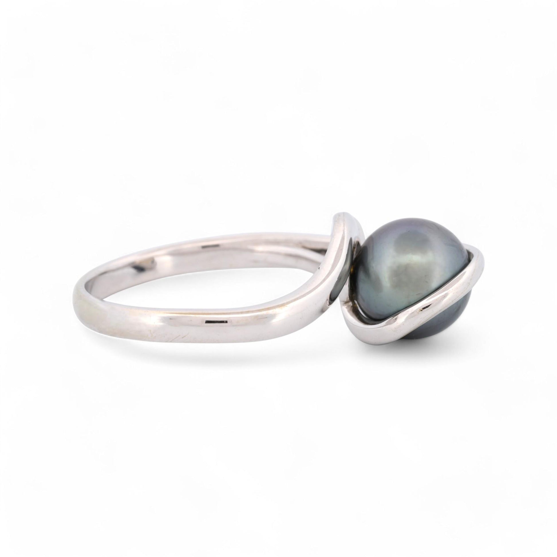 Signed Modern 8mm Tahitian Black Pearl Ring in 18k White Gold