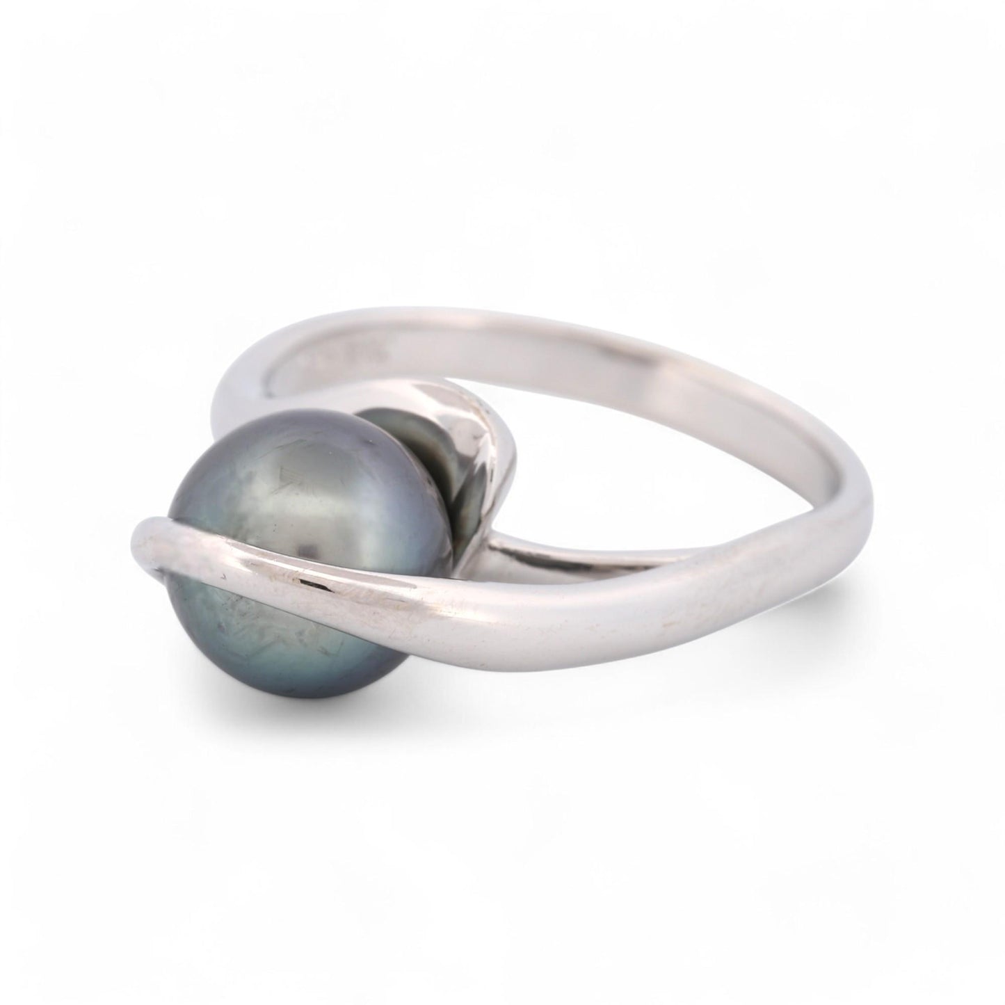 Signed Modern 8mm Tahitian Black Pearl Ring in 18k White Gold