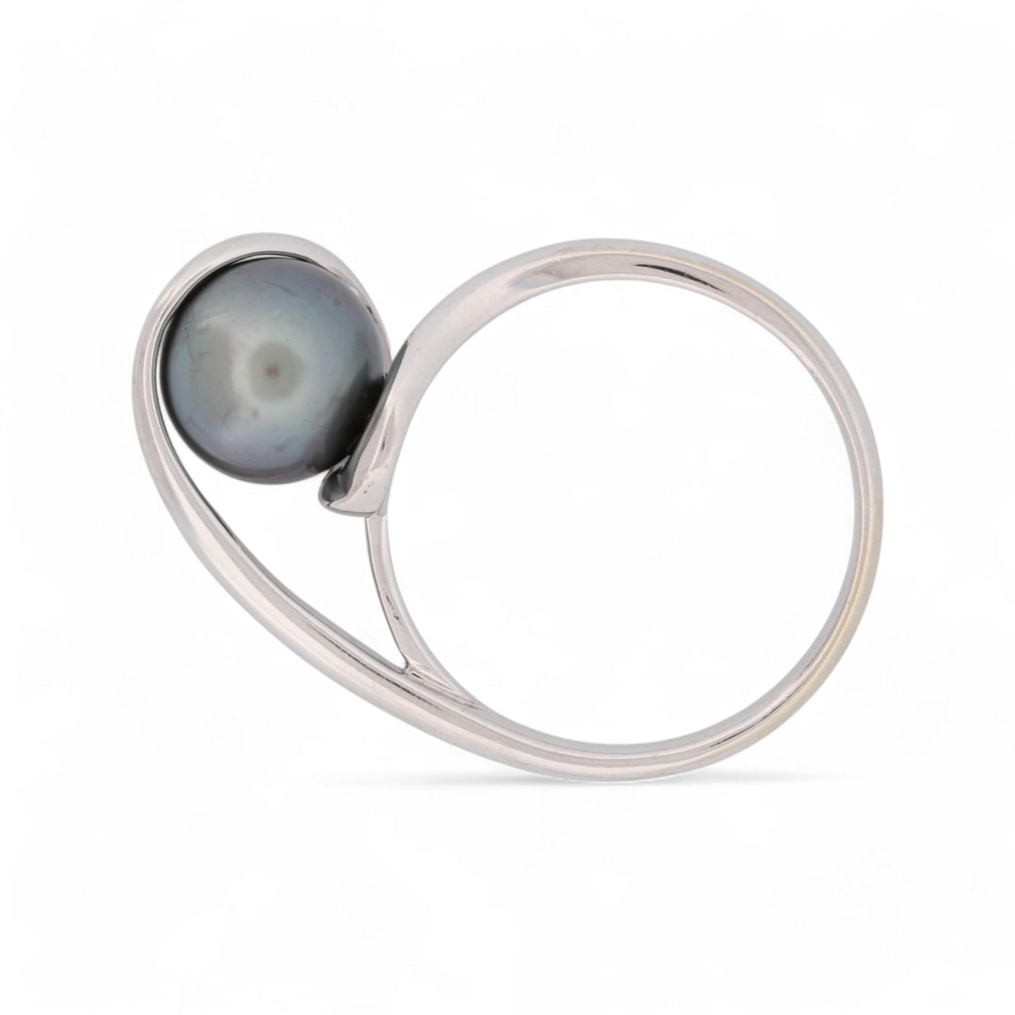 Signed Modern 8mm Tahitian Black Pearl Ring in 18k White Gold